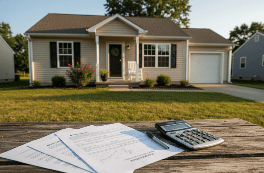 Photorealistic editorial photo of a small suburban American starter home with a mortgage paperwork and calculator laid on a porch table in the foreground, warm afternoon light, documentary real estate finance journalism style, no logos or readable text on documents.