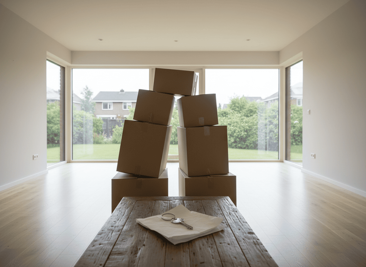 Moving boxes and a house key in an empty living room