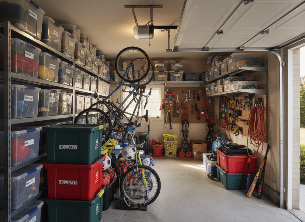 Photorealistic editorial photo of a suburban home garage interior completely packed with storage: labeled plastic bins stacked on metal shelving, bicycles hanging on wall hooks, sports equipment, holiday decoration boxes, and tools, with barely any floor space left and no car able to fit inside. Natural daylight coming through an open garage door. Shot in the style of a home organization magazine feature, warm and slightly cluttered but well composed.