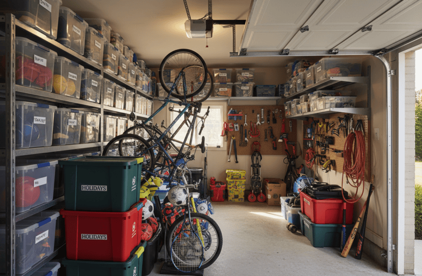 Photorealistic editorial photo of a suburban home garage interior completely packed with storage: labeled plastic bins stacked on metal shelving, bicycles hanging on wall hooks, sports equipment, holiday decoration boxes, and tools, with barely any floor space left and no car able to fit inside. Natural daylight coming through an open garage door. Shot in the style of a home organization magazine feature, warm and slightly cluttered but well composed.