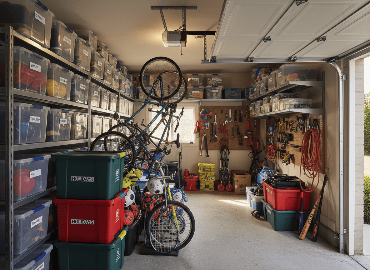 Photorealistic editorial photo of a suburban home garage interior completely packed with storage: labeled plastic bins stacked on metal shelving, bicycles hanging on wall hooks, sports equipment, holiday decoration boxes, and tools, with barely any floor space left and no car able to fit inside. Natural daylight coming through an open garage door. Shot in the style of a home organization magazine feature, warm and slightly cluttered but well composed.