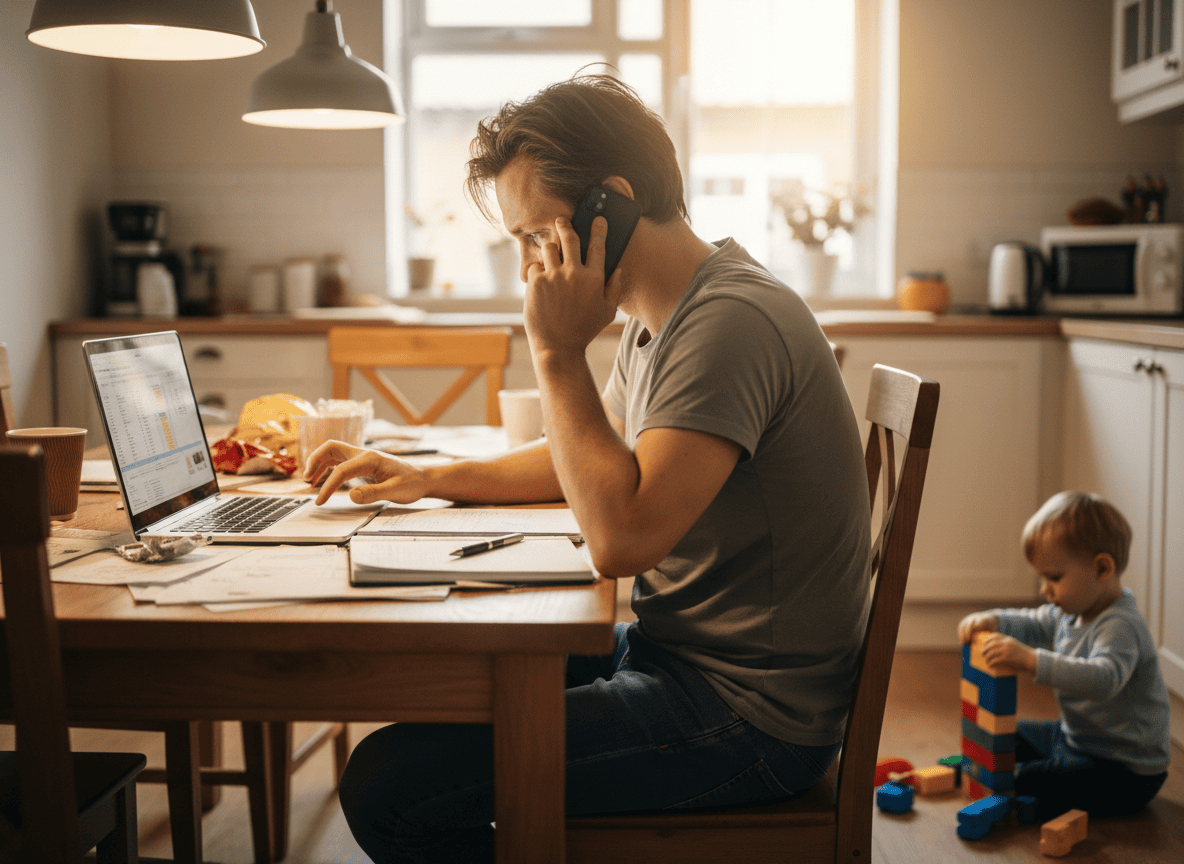 A tired-looking parent juggling a laptop, phone, and paperwork at a kitchen table while a child plays nearby