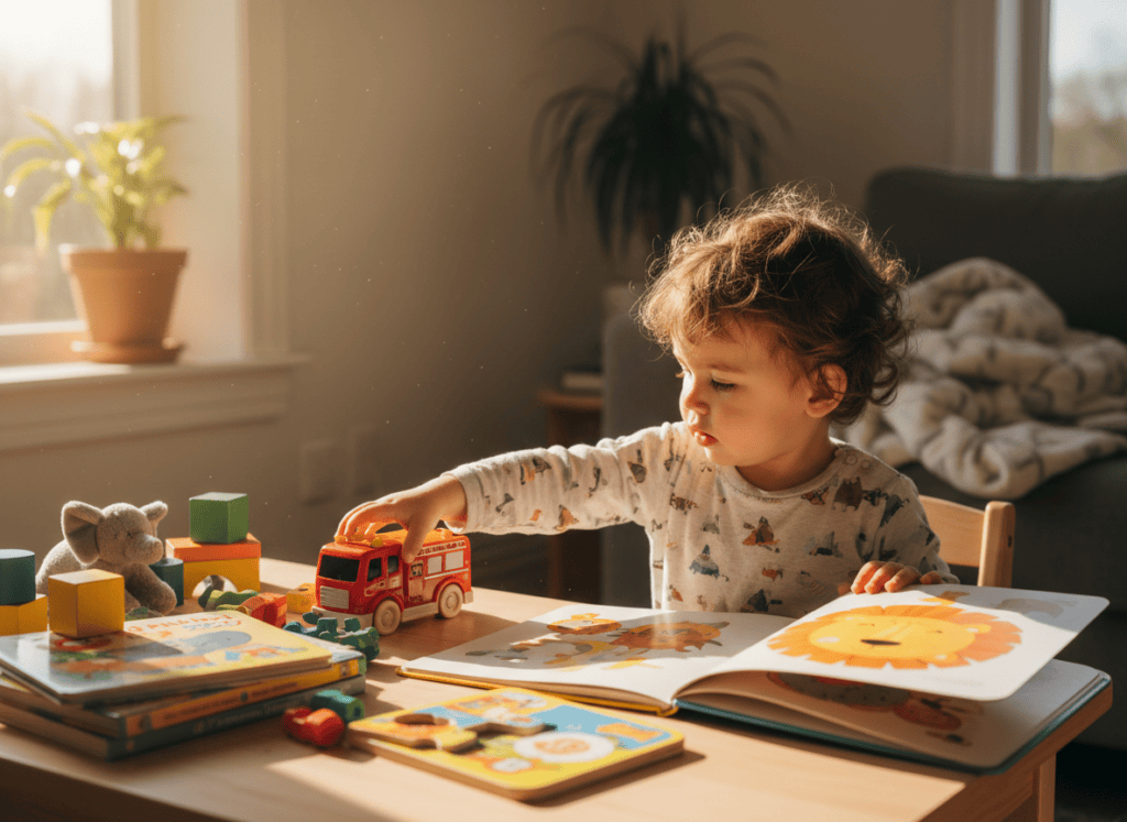Photorealistic editorial photo of a young child sitting at a table surrounded by several different toys and books, reaching toward one object while glancing toward another, warm natural light from a window, candid documentary parenting photography style, not staged or posed.