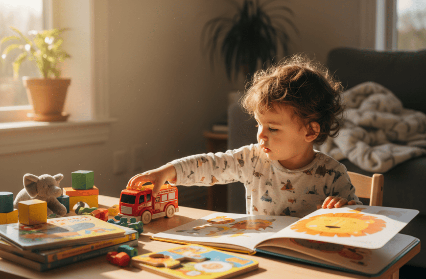 Photorealistic editorial photo of a young child sitting at a table surrounded by several different toys and books, reaching toward one object while glancing toward another, warm natural light from a window, candid documentary parenting photography style, not staged or posed.
