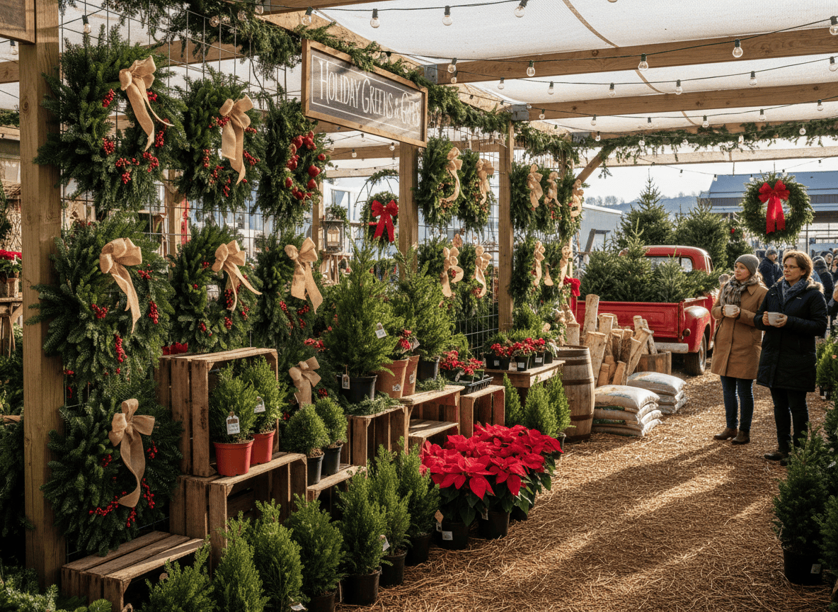 Rows of fresh handmade evergreen wreaths hanging for sale at an outdoor nursery holiday display