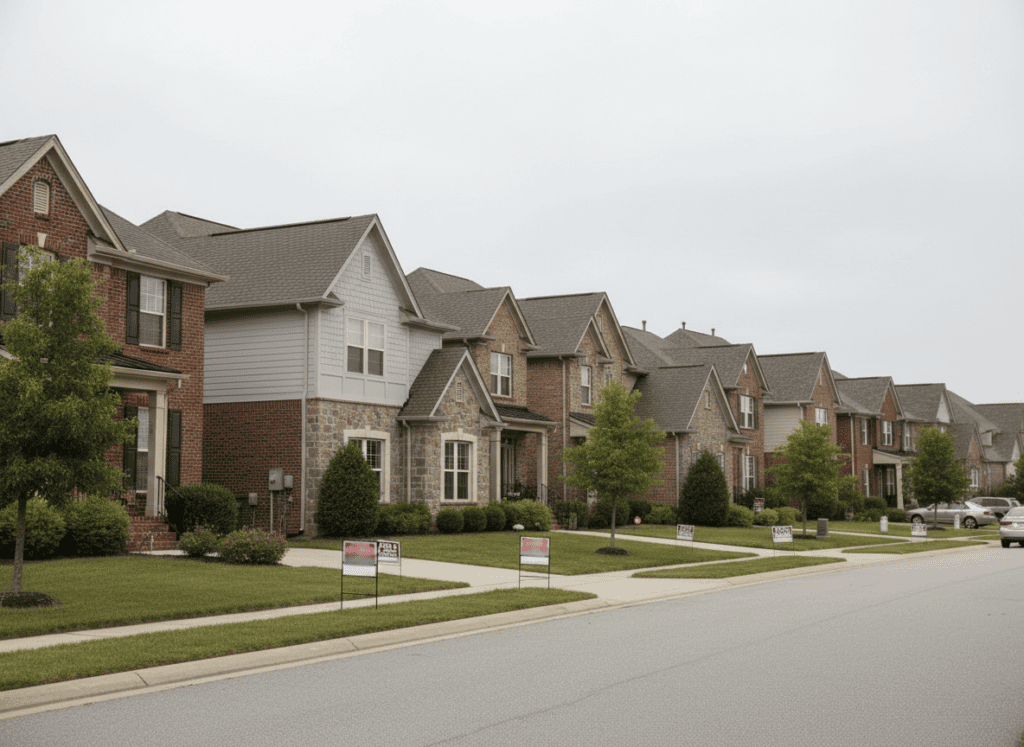 Photorealistic editorial real estate photo of a row of American suburban houses with 'for sale' yard signs, overcast neutral lighting, documentary housing market journalism style, no readable text or logos on signs.