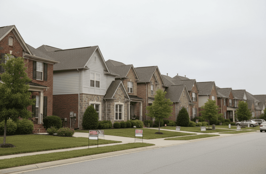 Photorealistic editorial real estate photo of a row of American suburban houses with 'for sale' yard signs, overcast neutral lighting, documentary housing market journalism style, no readable text or logos on signs.