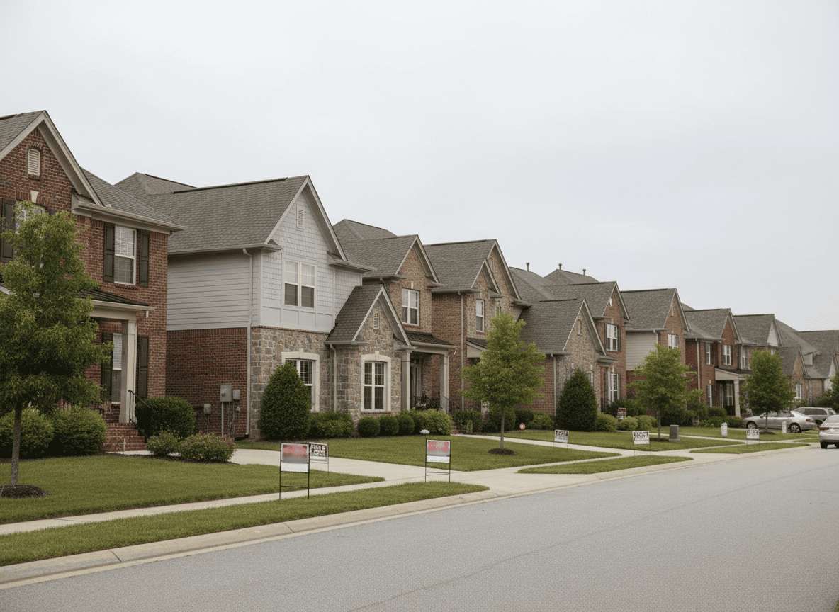 Photorealistic editorial real estate photo of a row of American suburban houses with 'for sale' yard signs, overcast neutral lighting, documentary housing market journalism style, no readable text or logos on signs.