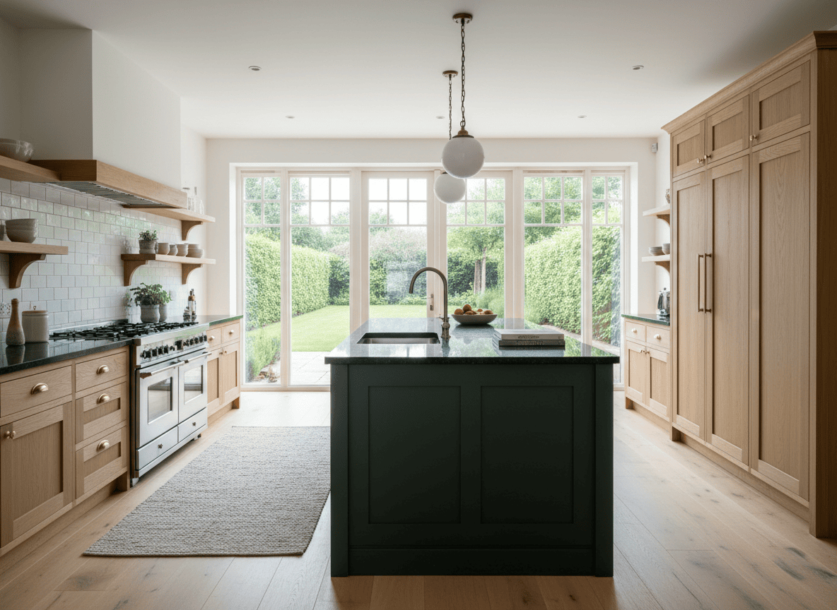 A spacious kitchen with a dark green two-tone island contrasted against light oak wood perimeter cabinets