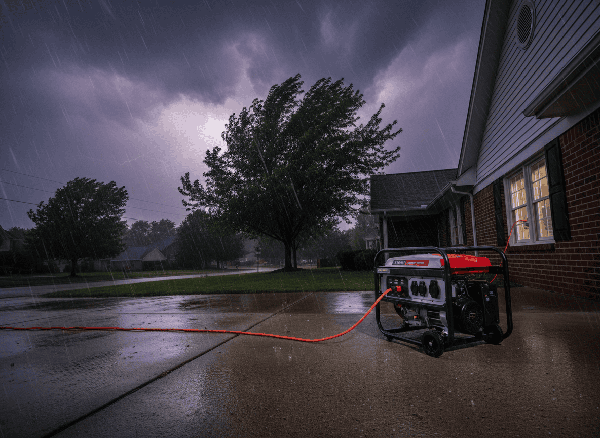 Portable generator running outside a home during a storm