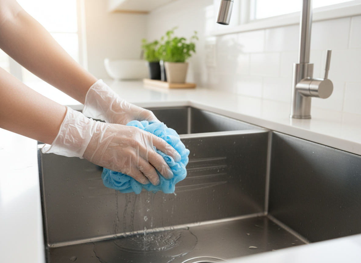 Cleaning a stainless steel sink with a soft nylon sponge along the grain