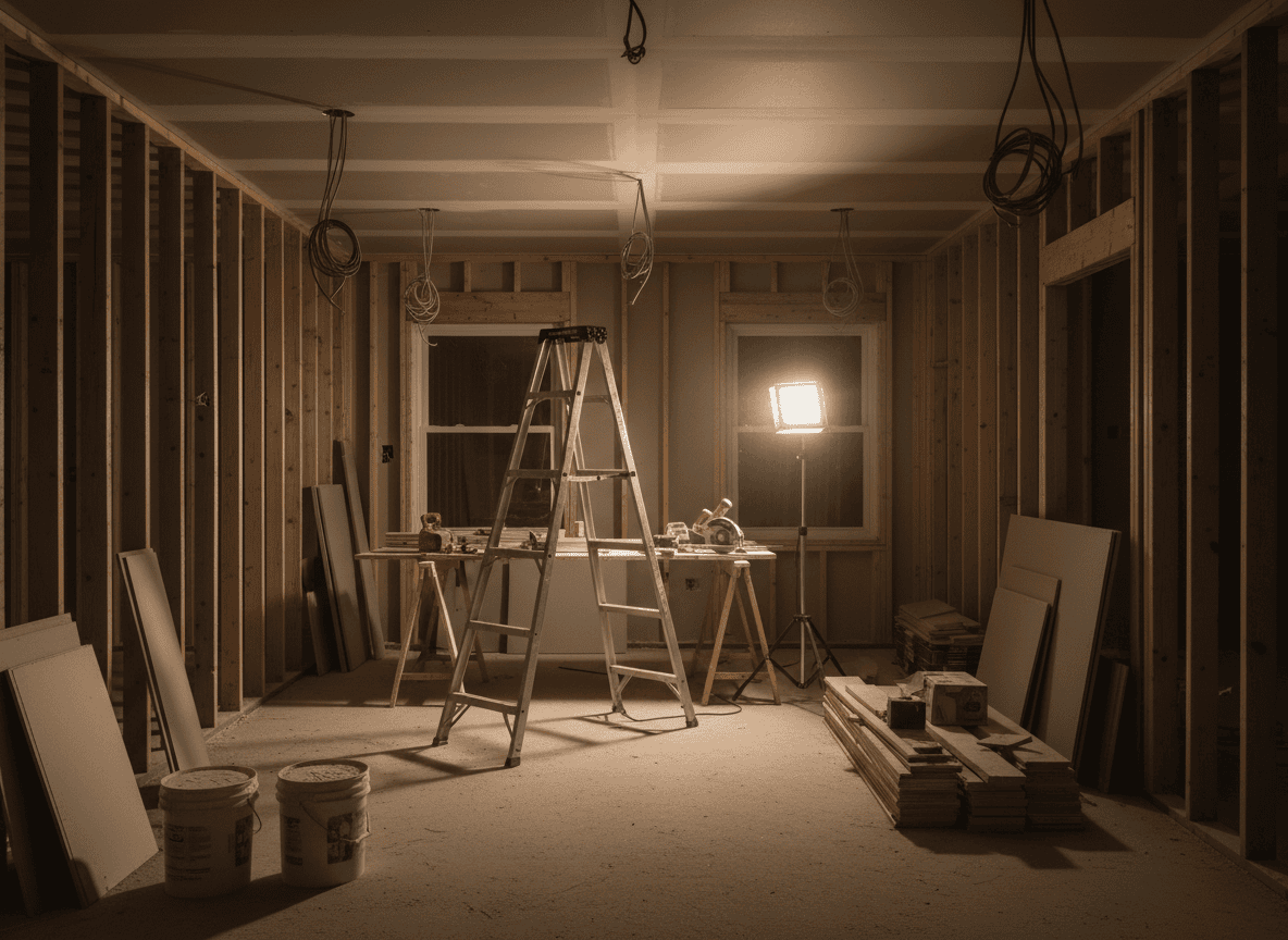 Home renovation in progress with exposed drywall and tools