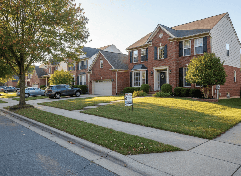 Suburban street with multiple for sale signs indicating rising housing inventory
