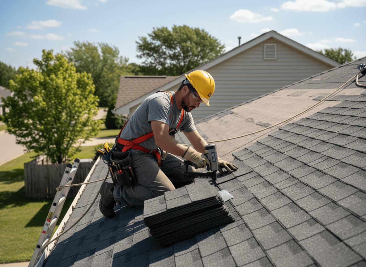 Roofer installing new asphalt shingles on a residential roof