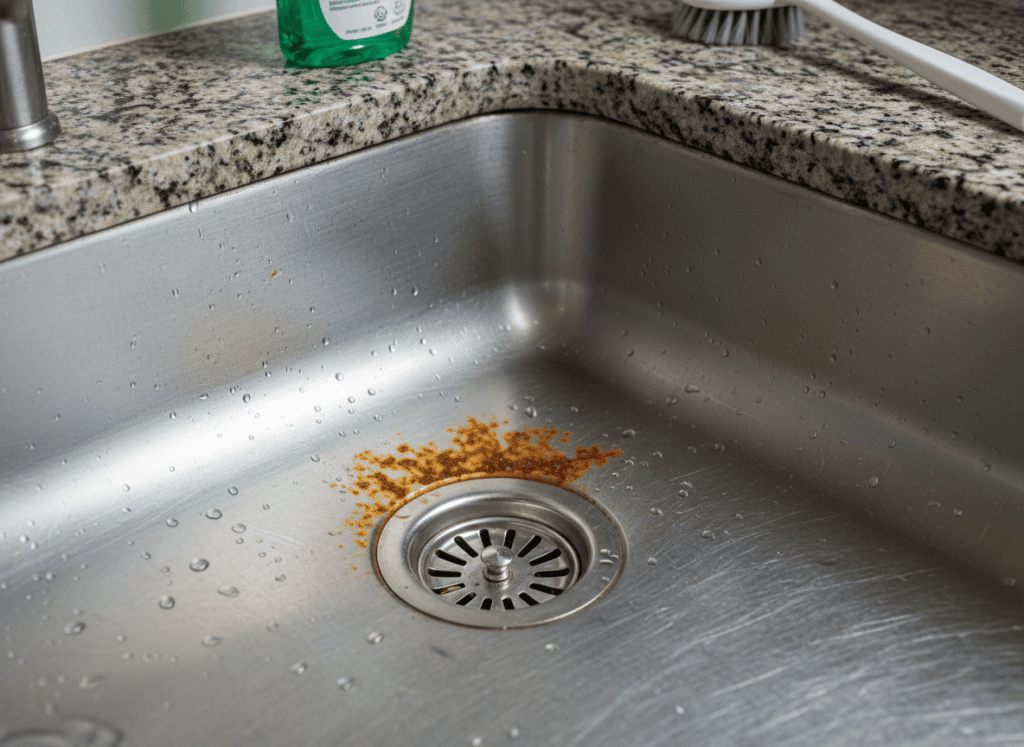 Orange rust ring stain on a stainless steel kitchen sink near the drain