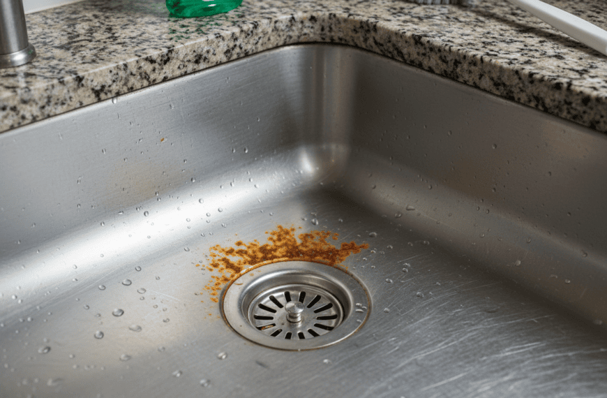 Orange rust ring stain on a stainless steel kitchen sink near the drain