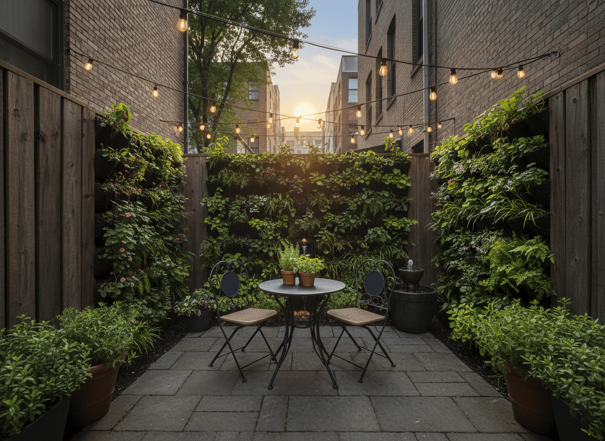 Small urban backyard using a vertical garden wall to maximize limited space