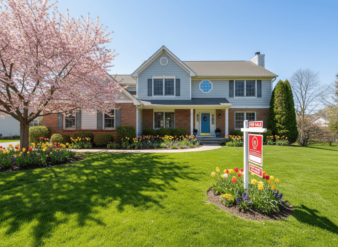 Suburban house with blooming spring flowers and a For Sale sign
