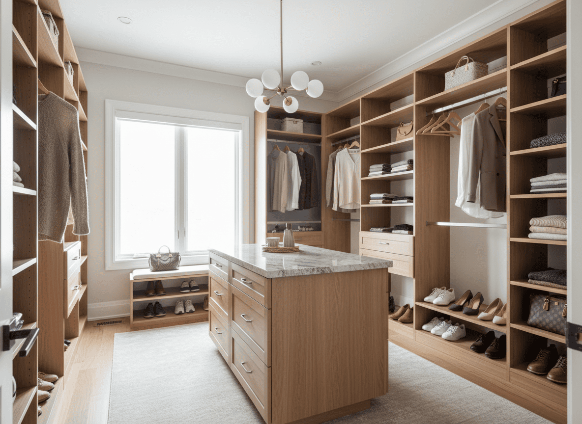 Staged primary bedroom walk-in closet in a home for sale