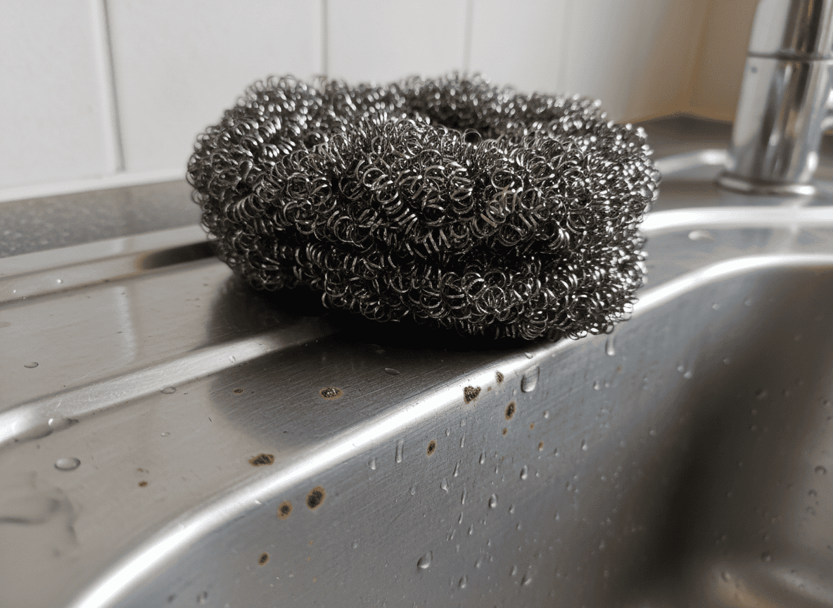 Steel wool scouring pad on a stainless steel sink causing rust specks