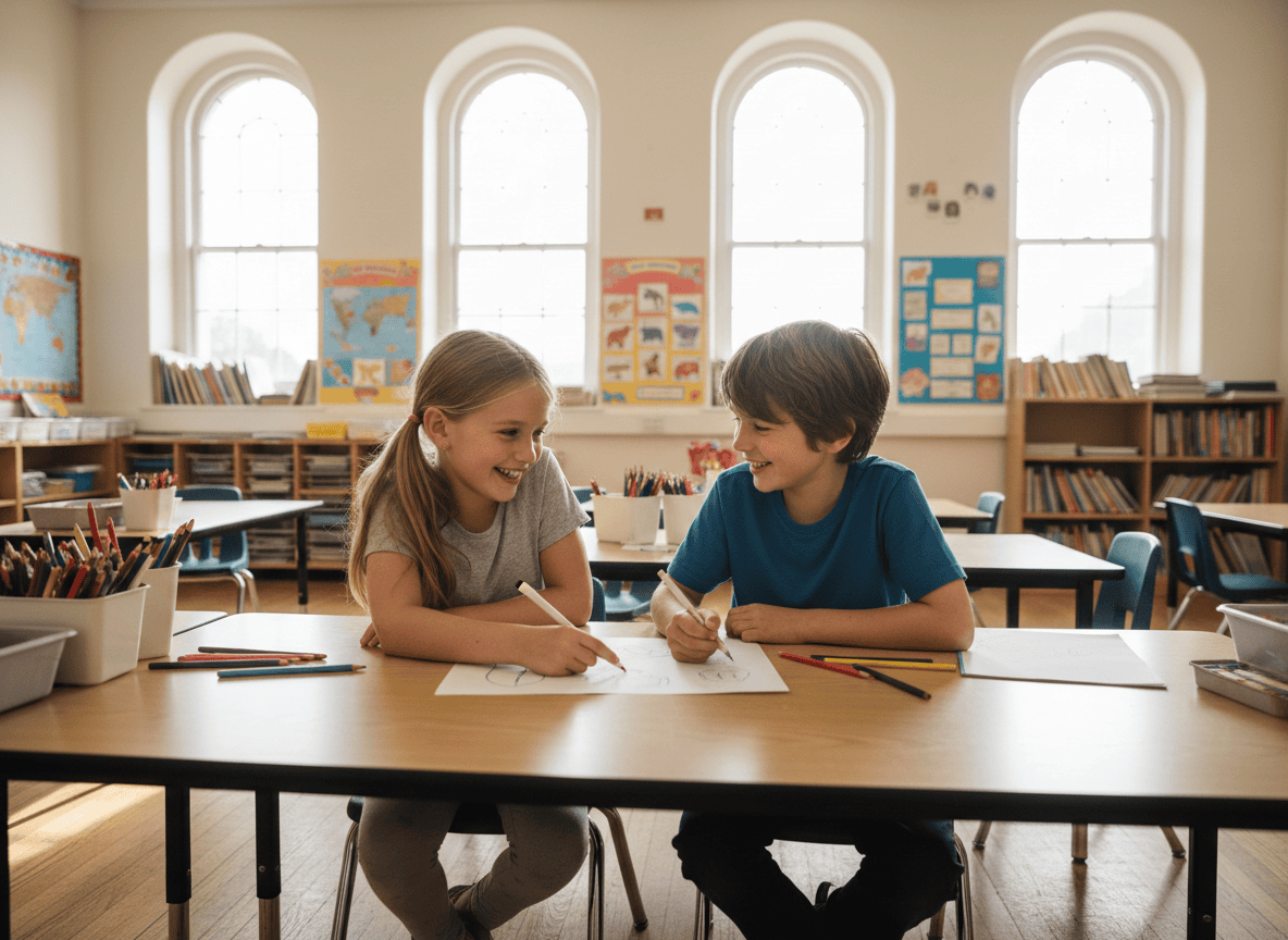 Two students collaborating at a classroom table