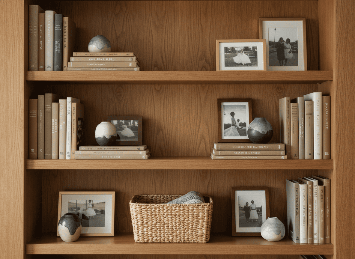 Close-up of styled built-in shelving with books, vases, and framed photos