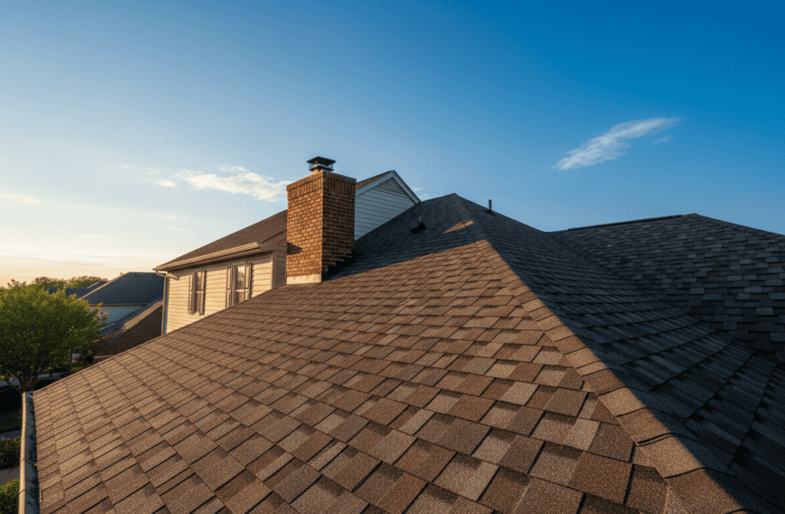 Close-up of an asphalt shingle roof on a suburban home in warm sunlight