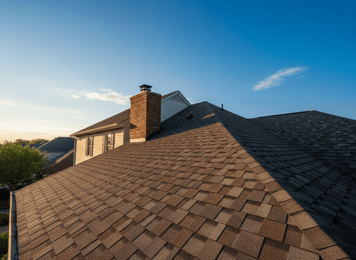 Close-up of an asphalt shingle roof on a suburban home in warm sunlight
