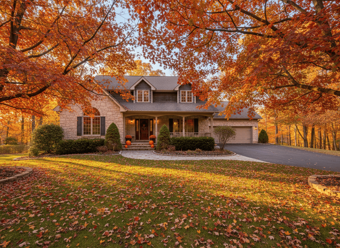 Suburban house surrounded by colorful autumn foliage
