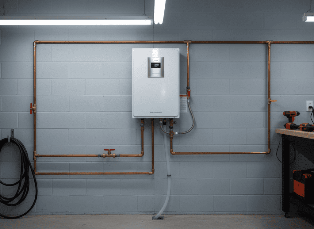Modern tankless water heater mounted on a utility room wall