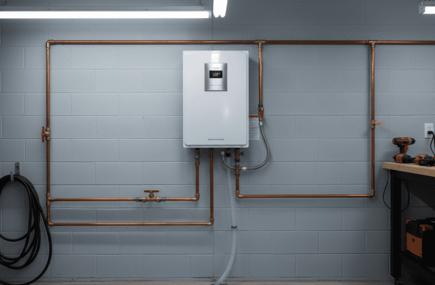 Modern tankless water heater mounted on a utility room wall