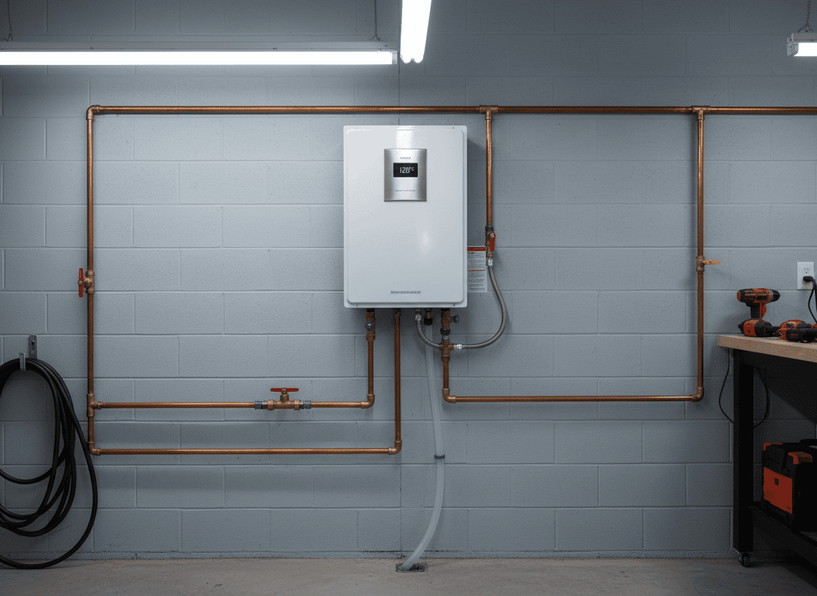 Modern tankless water heater mounted on a utility room wall