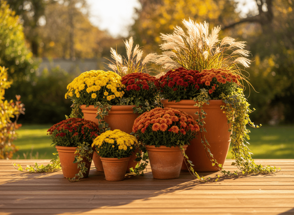 Patio lined with terracotta clay planters filled with fall flowers