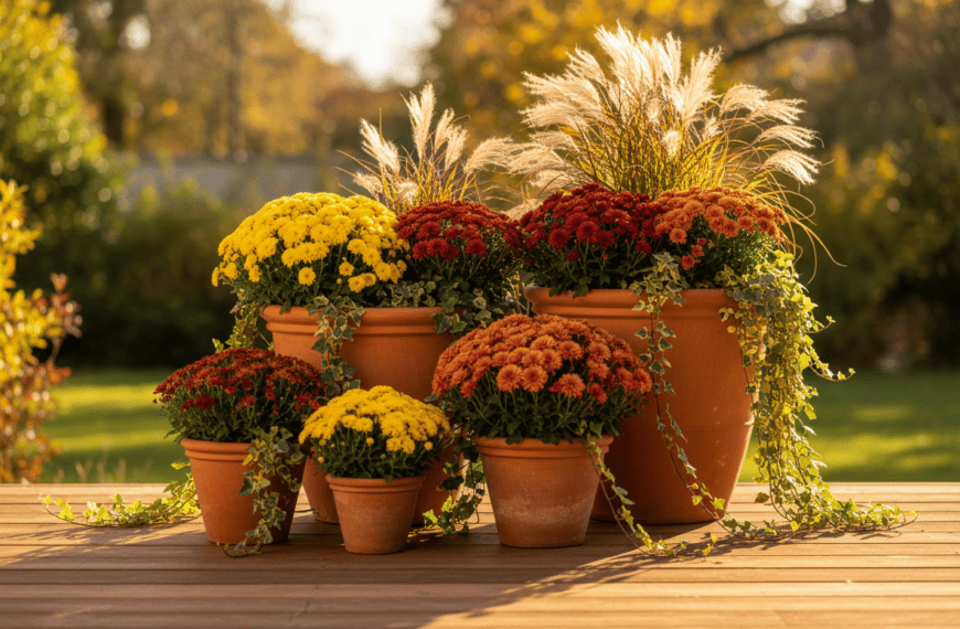 Patio lined with terracotta clay planters filled with fall flowers
