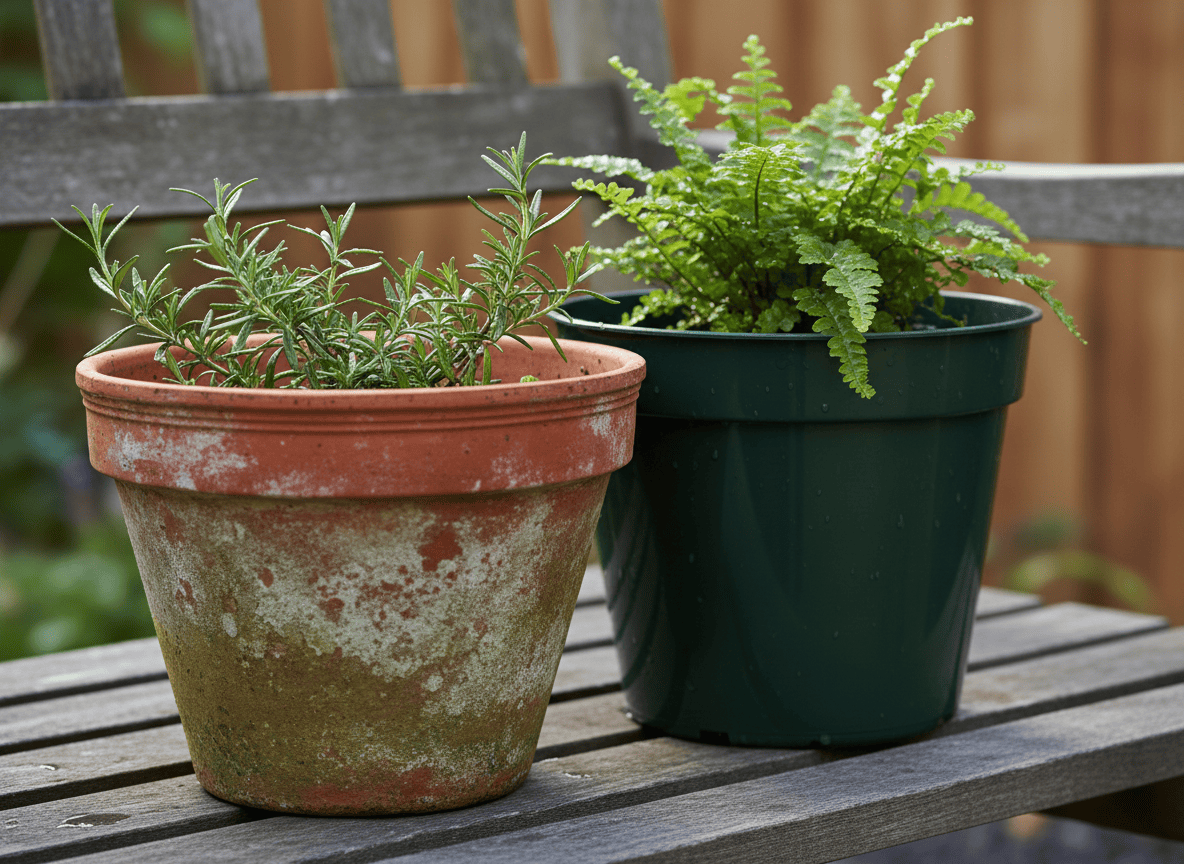 Close-up comparing a weathered terracotta pot with natural patina to a plastic planter