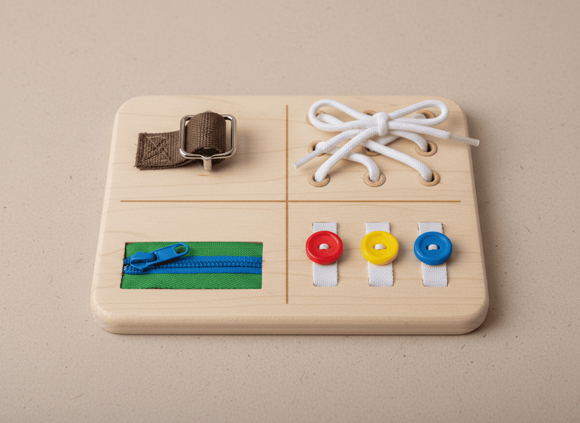 Generic wooden toddler busy board sensory toy with buckles and zippers