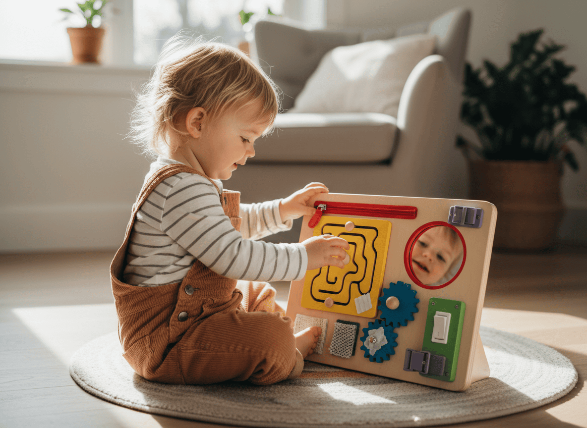 Toddler playing with a colorful sensory busy board toy indoors