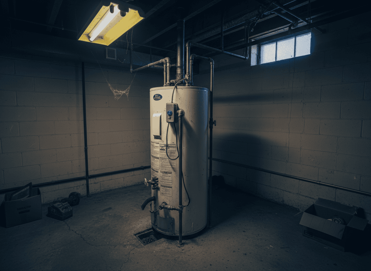 Traditional tank-style water heater in a home utility closet