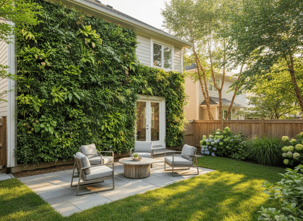 Vertical garden living wall covering the exterior wall of a home