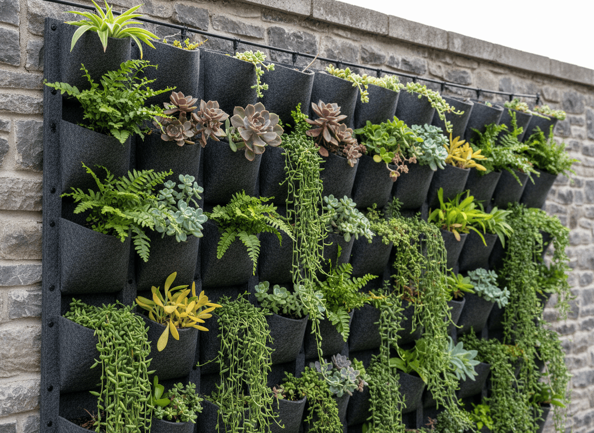 Close-up of a modular vertical garden panel system with irrigation