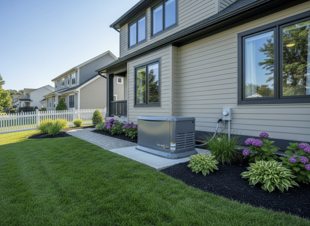 Whole-house standby generator installed beside a home
