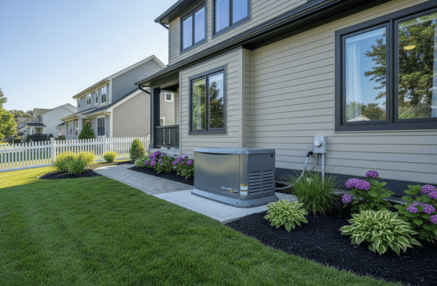 Whole-house standby generator installed beside a home