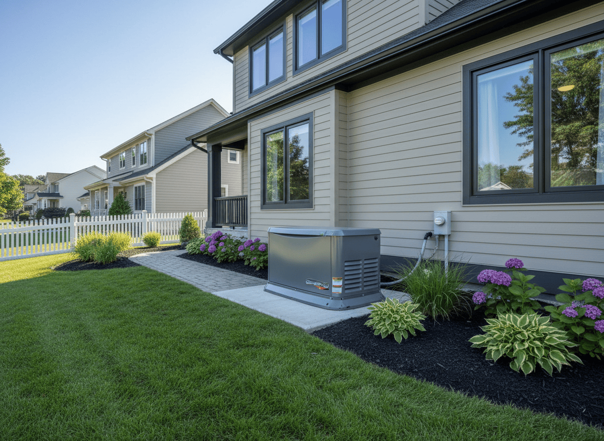 Whole-house standby generator installed beside a home