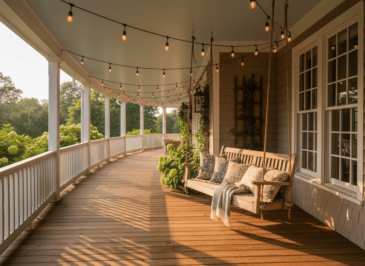 Wraparound porch turning the corner of a home with a porch swing