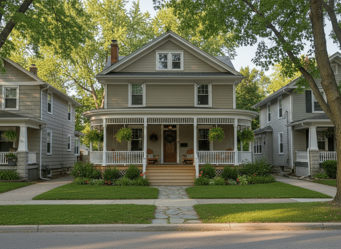 Suburban street showing a wraparound porch home standing out for curb appeal
