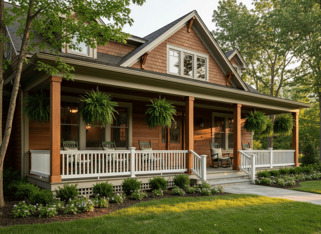 New-build home with a full wraparound front porch and rocking chairs