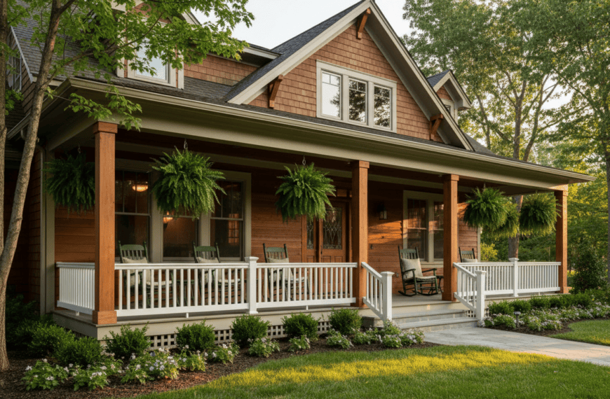 New-build home with a full wraparound front porch and rocking chairs