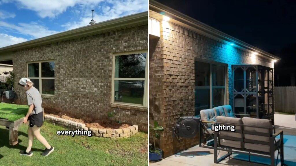 Homeowner in the backyard before the project, beside the finished lit patio with seating