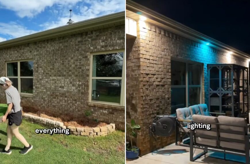 Homeowner in the backyard before the project, beside the finished lit patio with seating