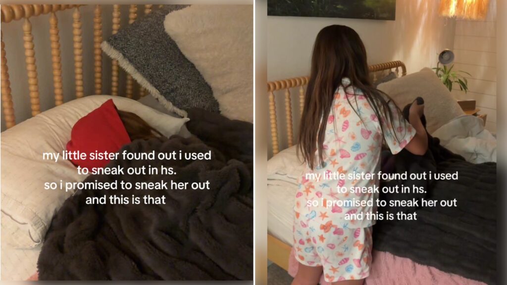 Split image from a TikTok: a bed with a red pillow and fuzzy blanket with the caption 'my little sister found out i used to sneak out in hs. so i promised to sneak her out and this is that', next to a girl in pajamas seen from behind standing by the bed